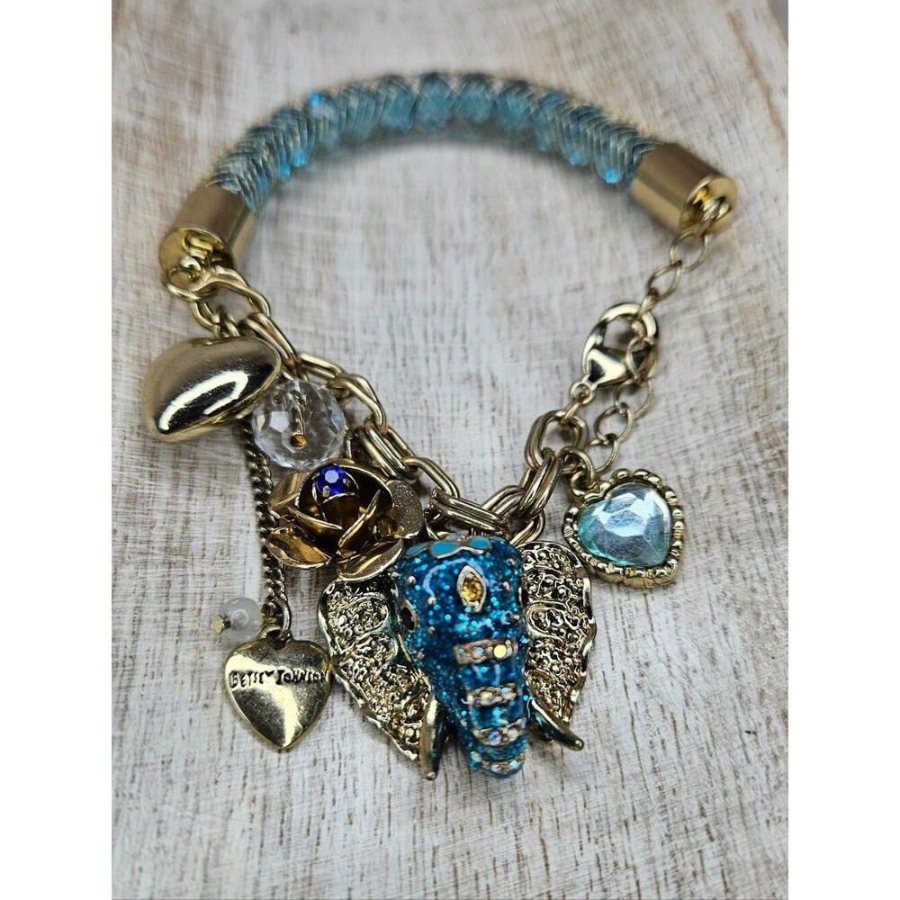 Betsey Johnson Whimsical Elephant Charm Bracelet Teal Mesh Gold Rose Heart EUC